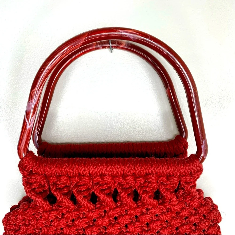 Vintage Style Crochet Handbag Lucite Handles Berry Wine Boho Fall